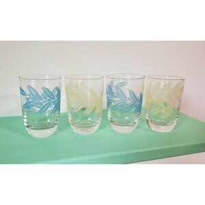 Pastel Leaves Juice Glasses, Blue and Yellow Set of 4 Juice Glasses